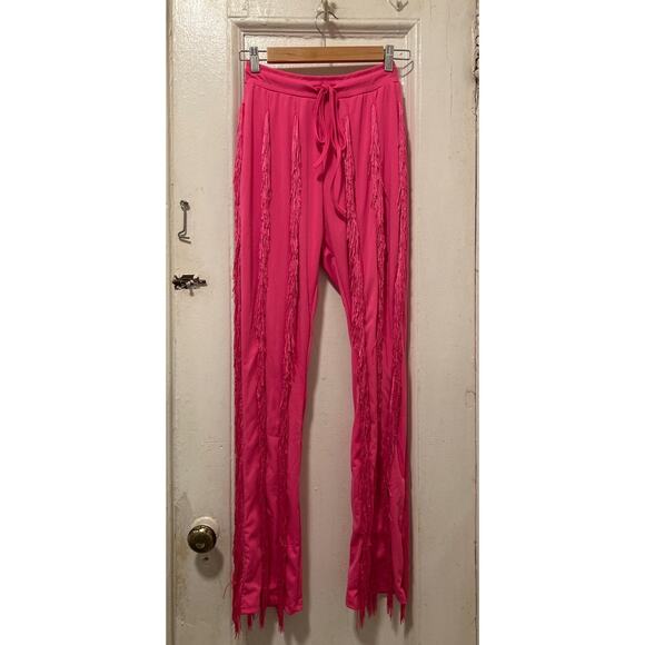 Women's Boho Drawstring Waist Long Fringe Tassel Pants Pink Size S - Picture 4 of 13